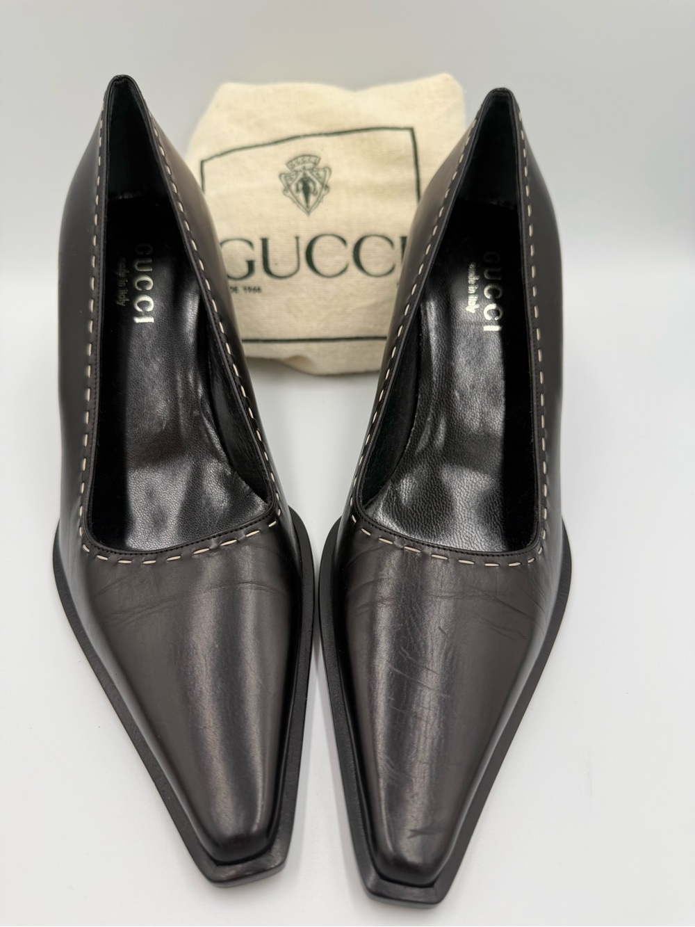 Gucci Black Leather Pointed Square-Toe 3” Pumps with Contrast Stitching